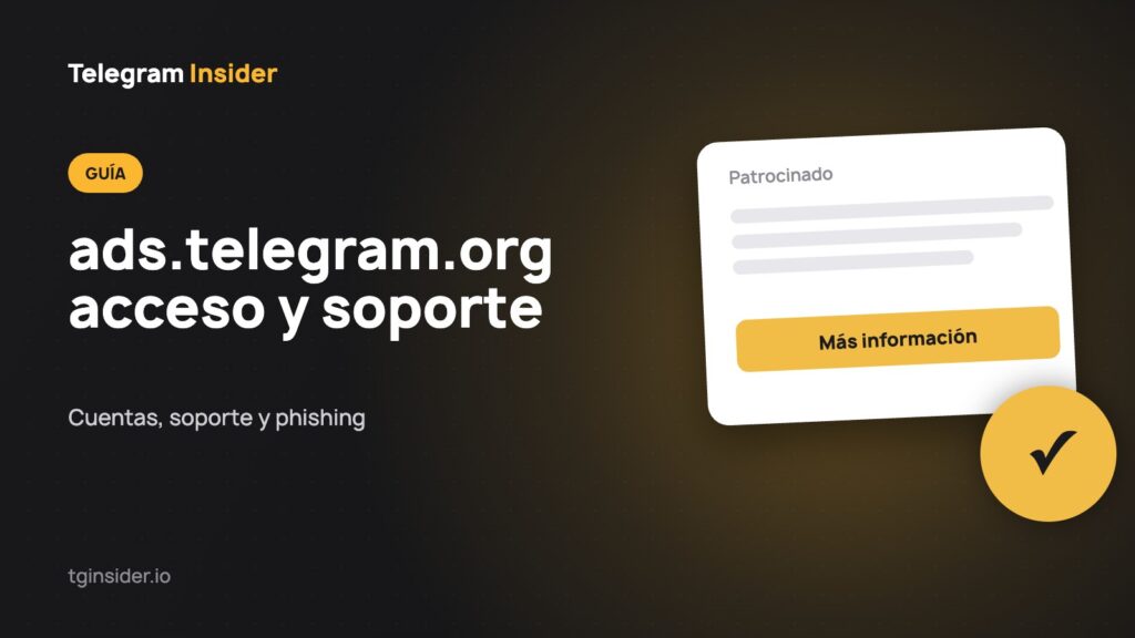 Portada de «ads.telegram.org: acceso, registro y soporte de Telegram Ads» con la maqueta de un anuncio sobre fondo oscuro