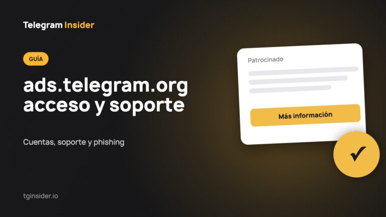 Portada de «ads.telegram.org: acceso, registro y soporte de Telegram Ads» con la maqueta de un anuncio sobre fondo oscuro