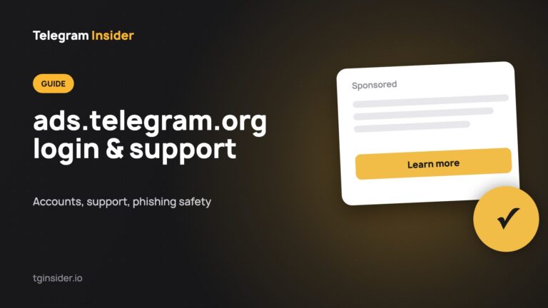 Cover for "ads.telegram.org: Telegram Ads Login, Sign-Up and Support" with an ad mockup on a dark card