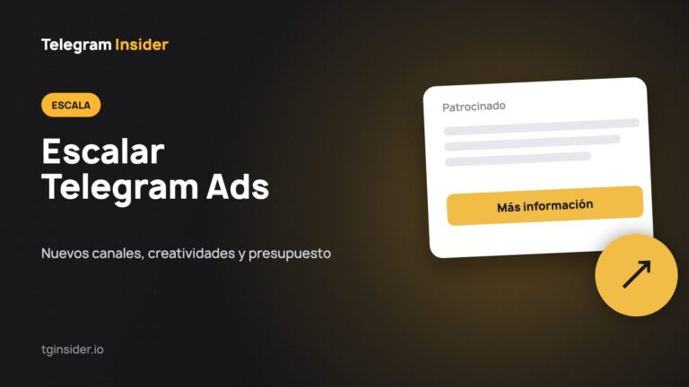 Tarjeta oscura con el título Cómo escalar campañas en Telegram Ads y una maqueta de anuncio patrocinado con un gráfico de crecimiento