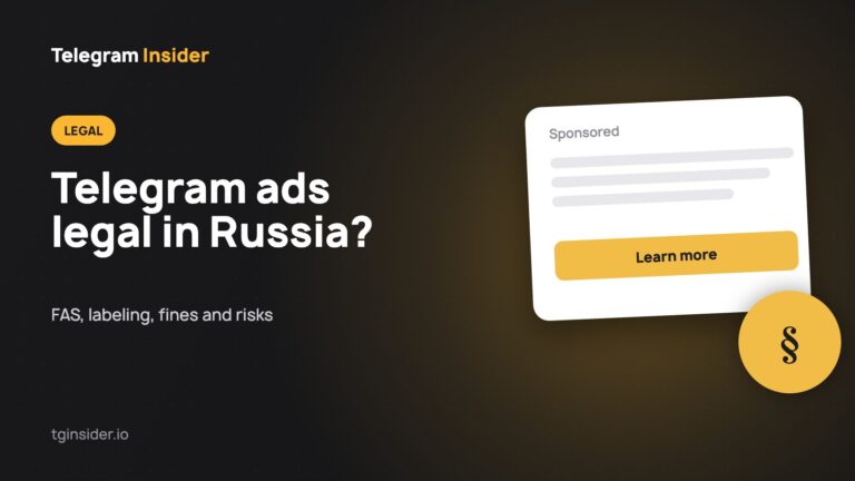 Cover for "Is Telegram Advertising Legal in Russia in 2026?" with an ad mockup on a dark card