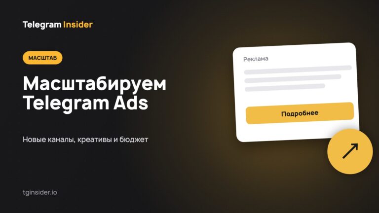 Тёмная карточка с заголовком «Как масштабировать кампании в Telegram Ads» и макетом рекламного объявления с растущим графиком