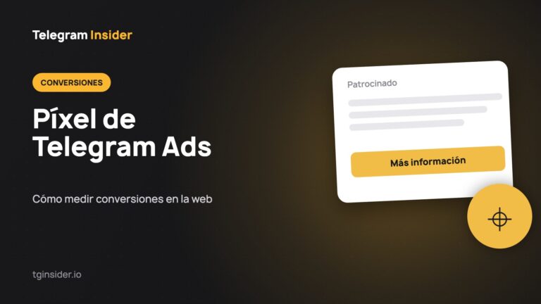 Tarjeta oscura con el título Píxel de Telegram Ads y una maqueta de anuncio patrocinado con un esquema de conversiones web