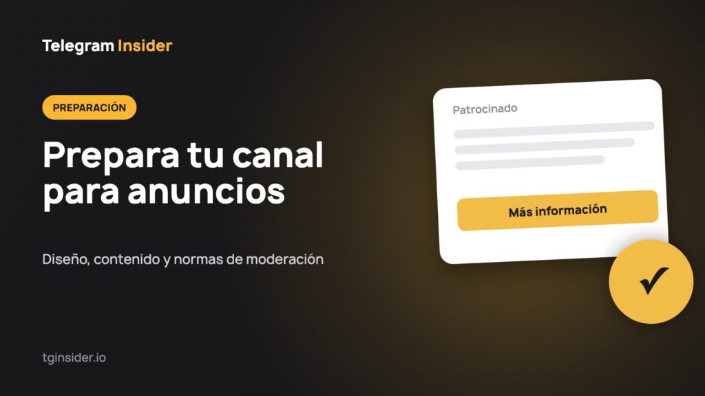 Portada de «Cómo preparar tu canal para Telegram Ads» con la maqueta de un anuncio sobre fondo oscuro