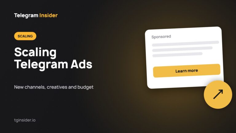Dark card with the title How to Scale Telegram Ads Campaigns and a sponsored message mockup with a growth chart