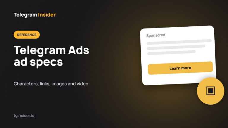 Cover for "Telegram Ads Ad Specs" with an ad mockup on a dark card