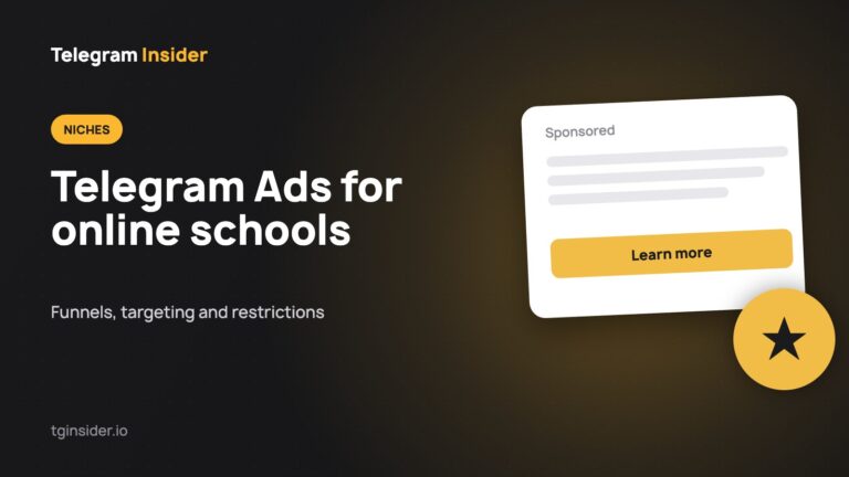 Dark card with the title Telegram Ads for Online Schools and Experts and a mockup of a webinar sponsored message