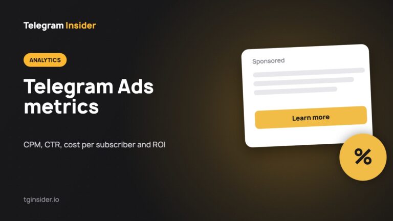 Cover for "Telegram Ads Metrics: CPM, CTR, CPS and ROI" with an ad mockup on a dark card