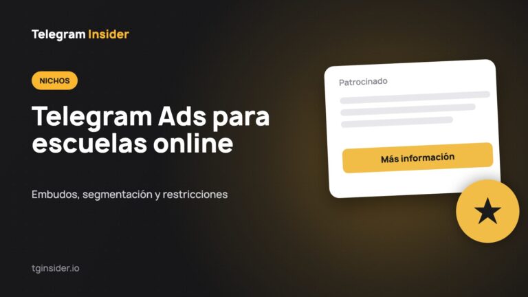 Tarjeta oscura con el título Telegram Ads para escuelas online y expertos y una maqueta de anuncio patrocinado de un webinar