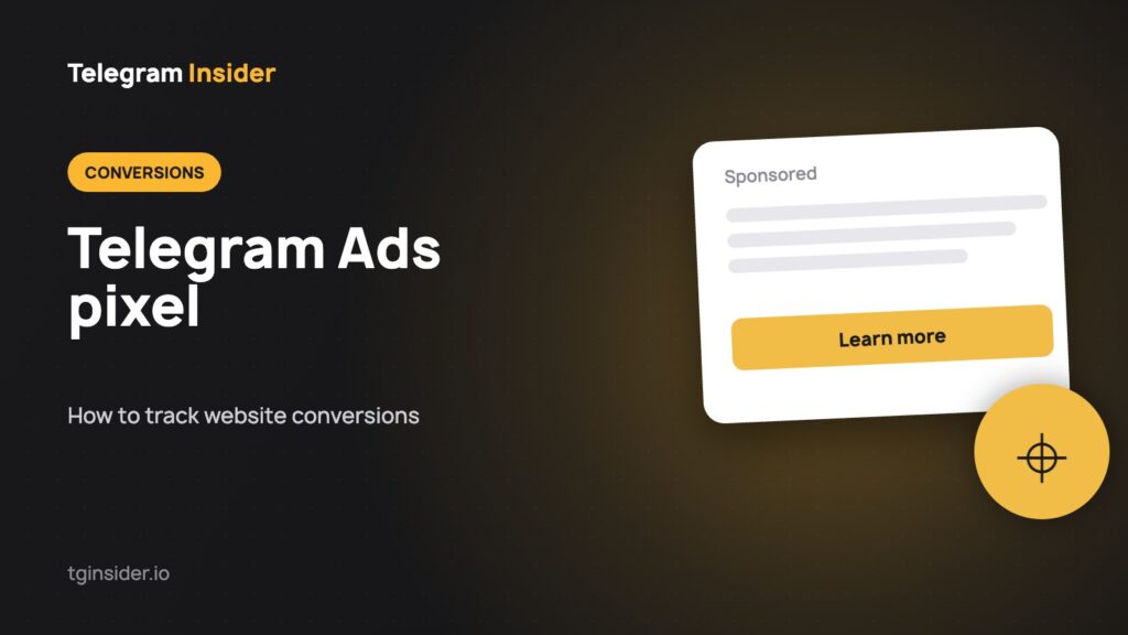 Dark card with the title Telegram Ads Pixel and a sponsored message mockup with a website conversion diagram